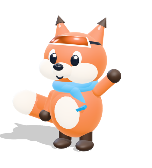 Monty the fox in orange goggles and a blue scarf, waving