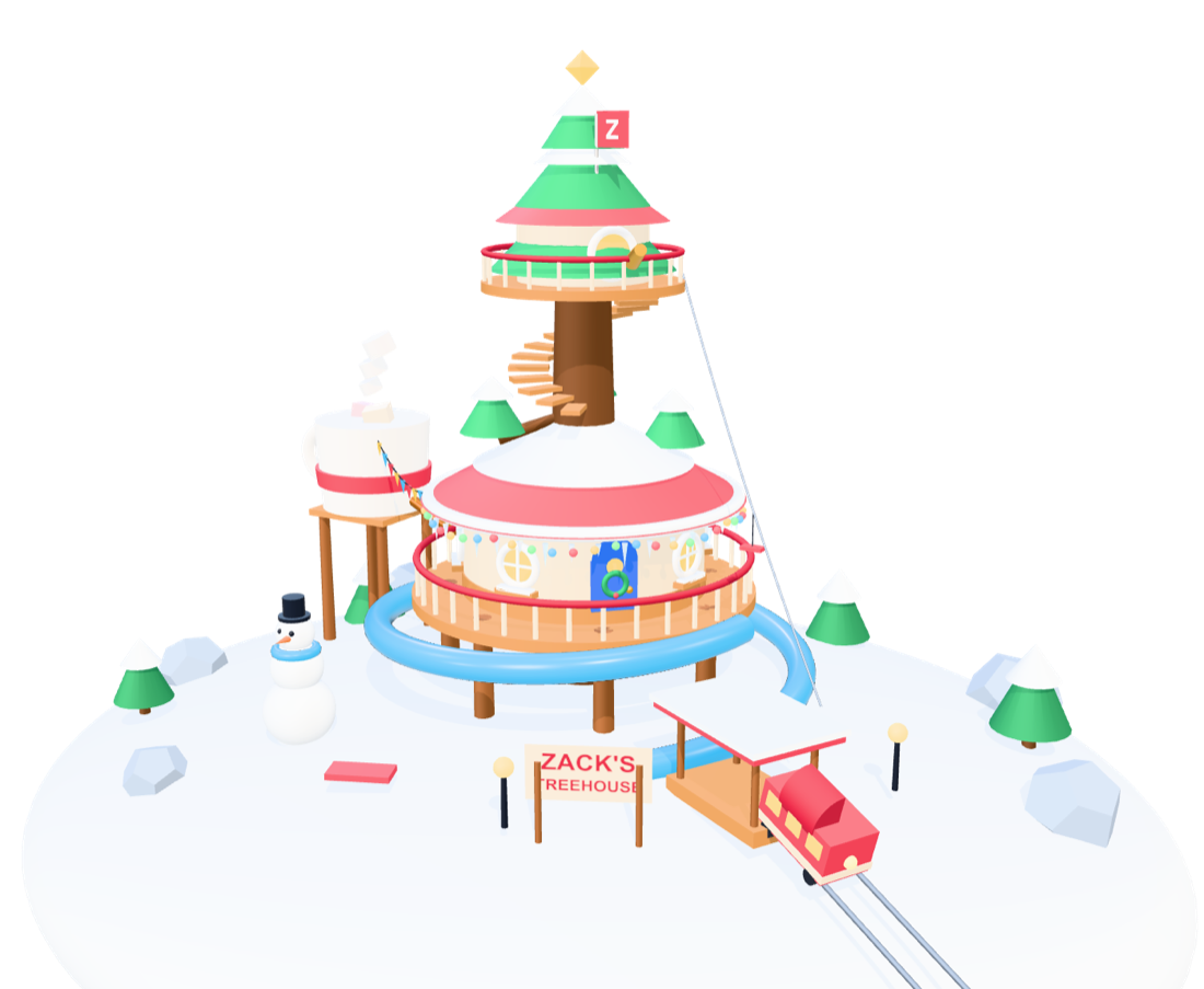 Zack's treehouse built into a giant pine at the top of the mountain, with a spiral stair, a tube slide and a red train at its station